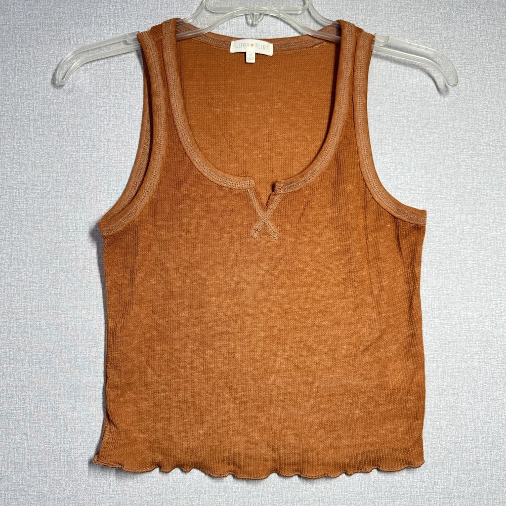 Ultra Flirt Tank Top Juniors Medium Brown Ribbed Scoop Neck Lettuce Hem